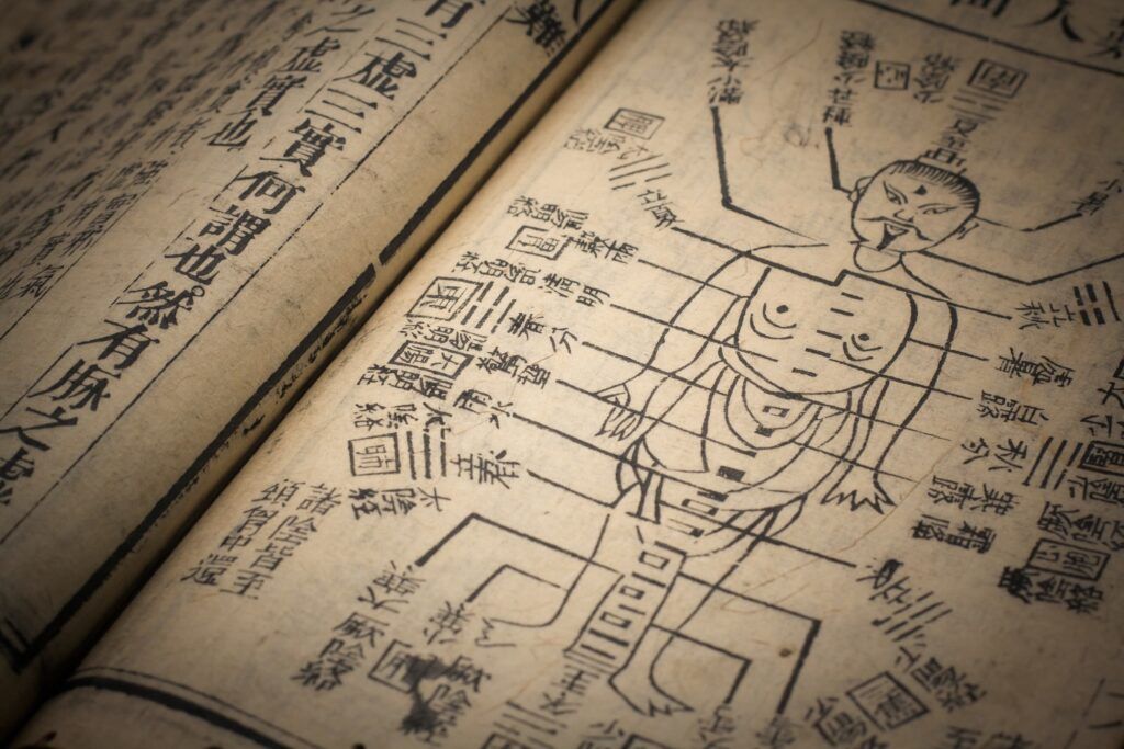 Traditional Chinese medicine illustration showing meridian pathways and acupuncture points on the human body.